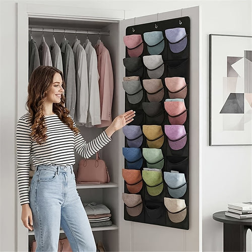 Over The Door Hat Organizer 24 Pocket Baseball Cap Rack with Clear Pockets and 3 Hooks Closet Hat Storage Holder for Hat Display and Protection