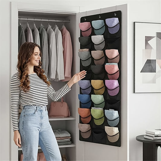 Over The Door Hat Organizer 24 Pocket Baseball Cap Rack with Clear Pockets and 3 Hooks Closet Hat Storage Holder for Hat Display and Protection