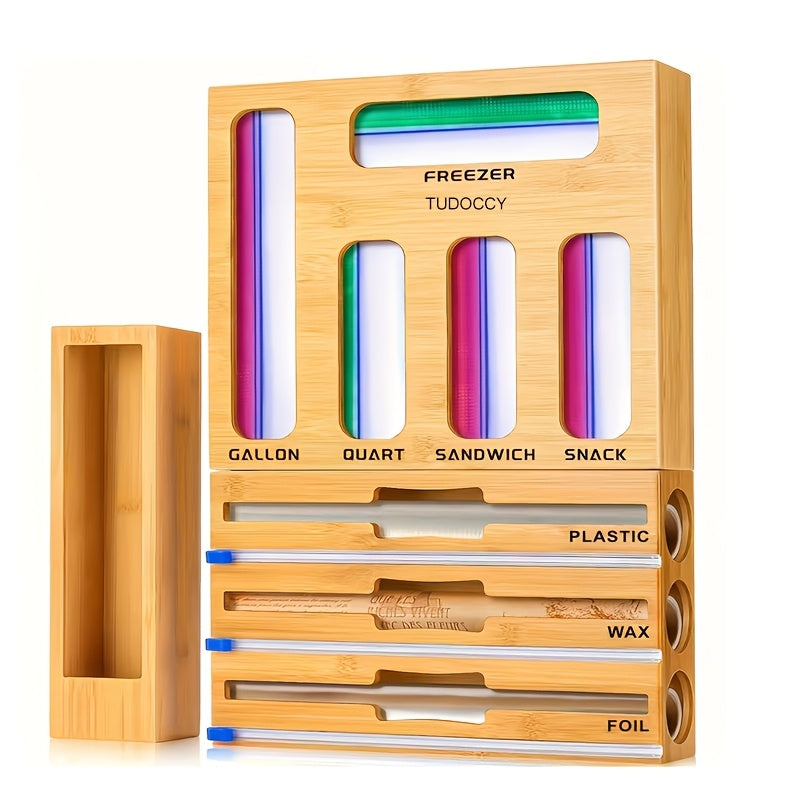Bamboo Kitchen Drawer Organizer 7-in-1 & 9-in-1 – Plastic Wrap, Foil & Storage Bag Holder with Cutter, Compatible with Gallon, Quart, Sandwich & Snack Size Bags, Kitchen Drawer Storage