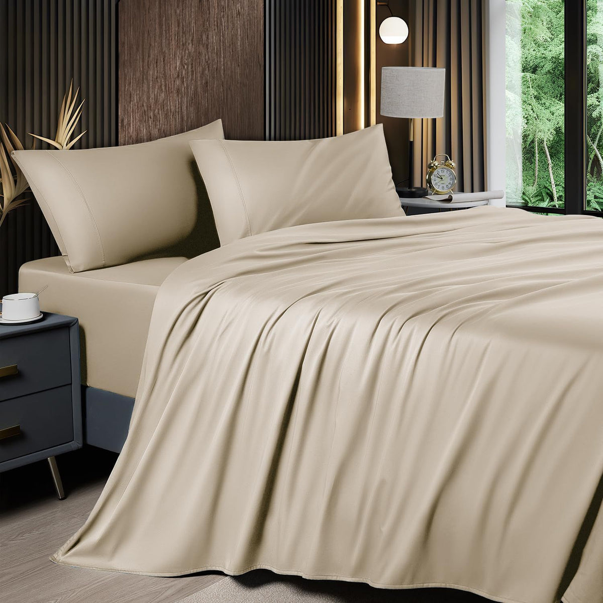 Cooling Bamboo Bed Sheet Set 4-Piece 2200TC – 16" Deep Pocket Silky Soft Breathable Luxury Bedding Flat Sheet Fitted Sheet & Pillowcases Twin Full Queen King in 11 Colors
