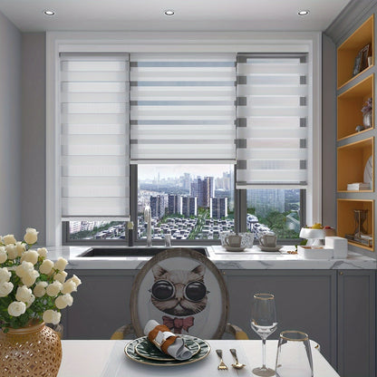 Cordless Zebra Roller Shade with Valance | Double Layer Day & Night Window Blind | Light Filtering & Room Darkening Window Treatment, Beige, Grey, White, Black