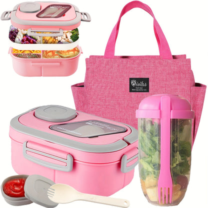 Bento Lunch Box Set with Bag and Cup, 2-Layer Multi-Compartment Meal Prep Container for School Office Picnic, Leakproof Food Storage Box with Insulated Lunch Bag, Pink Blue Green White