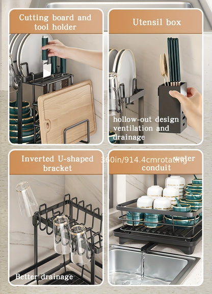 2-Tier Dish Drying Rack Metal with Cutlery Holder, Cup Holder & Rust-Proof Drip Tray – Space Saving Countertop Dish Rack for Kitchen Organization, Black & Dark Gray