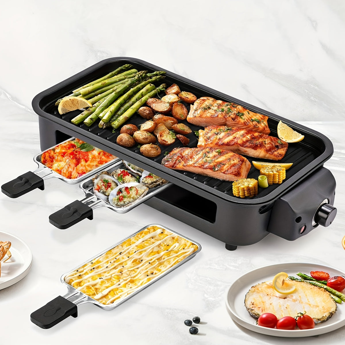 Raclette Grill Set Indoor Electric 1700W Smokeless BBQ with 3 Mini Cheese Pans – Non-Stick Removable Plate 16x9" Dishwasher Safe Stainless Steel Tabletop Grill for Couples Family Party – Black Green Beige Red