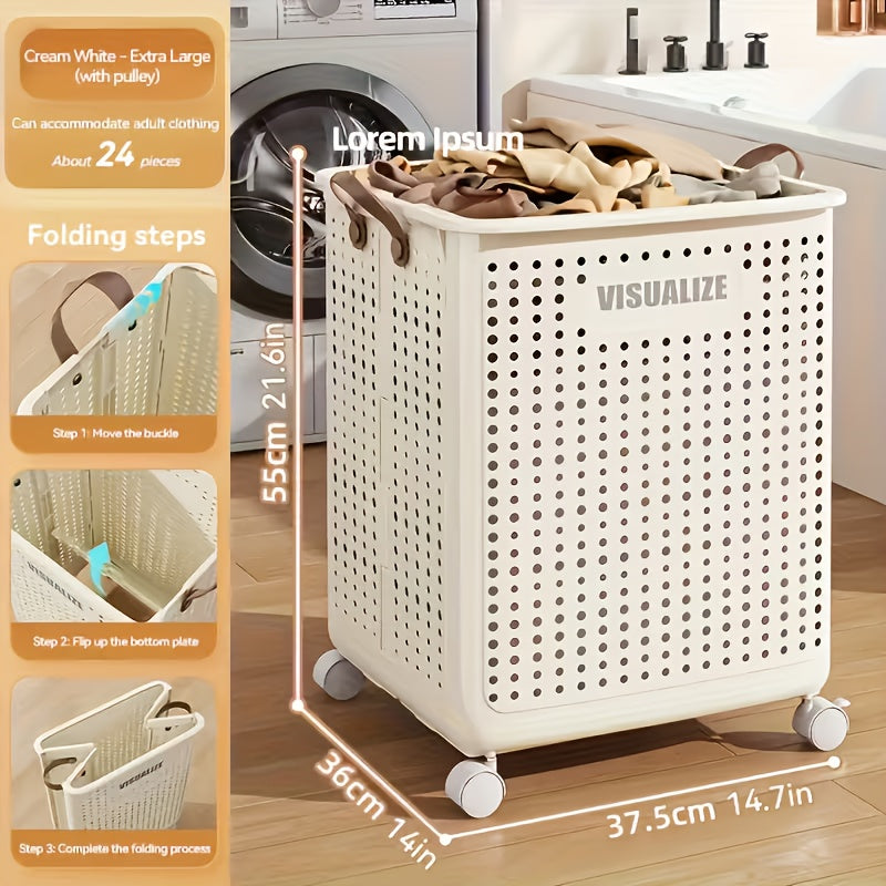 Foldable Laundry Basket with Wheels Large Capacity – Plastic Collapsible Wheeled Hamper for Bathroom, Balcony & Small Apartment, Portable Rolling Laundry Bin in Cream & White