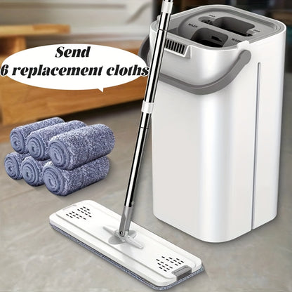 Hands-Free Flat Mop with Bucket Set – Wet & Dry Floor Mop 1 Barrel 1 Rod 6 Replacement Microfiber Pads for Hardwood Tile Laminate Bedroom Kitchen Living Room Bathroom – Durable Household Cleaning Tool