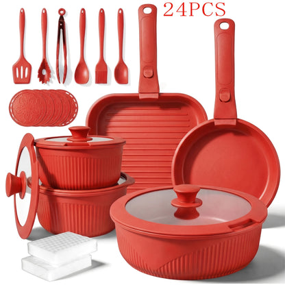 Non-Stick Cookware Set with Removable Handles, 5 7 24 Piece Induction Ready Pots and Pans Set, Stackable Space Saving Kitchen Set with Skillet Frying Pan Soup Pot Steak Pan, Easy to Clean, Multiple Colors