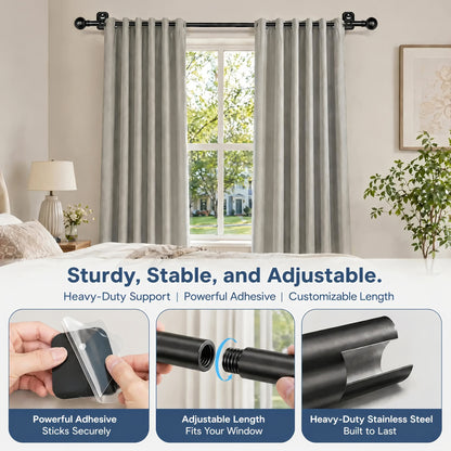No Drill Curtain Rod with Adhesive Brackets – 5/8 Inch Diameter Tension Drapery Pole, No Hole Wall Damage, 2-Pack Black, Fits Windows 30 to 120 Inches