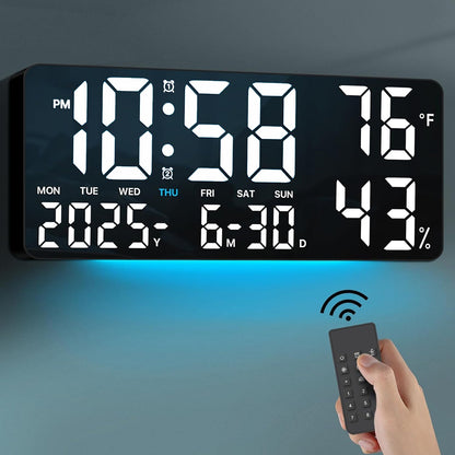 Large Screen LED Alarm Clock with Temperature Humidity Display – 15 Inch Luminous Digital Clock, Week Timer Remote Control, Auto-Dimming, for Bedroom Living Room Office Seniors