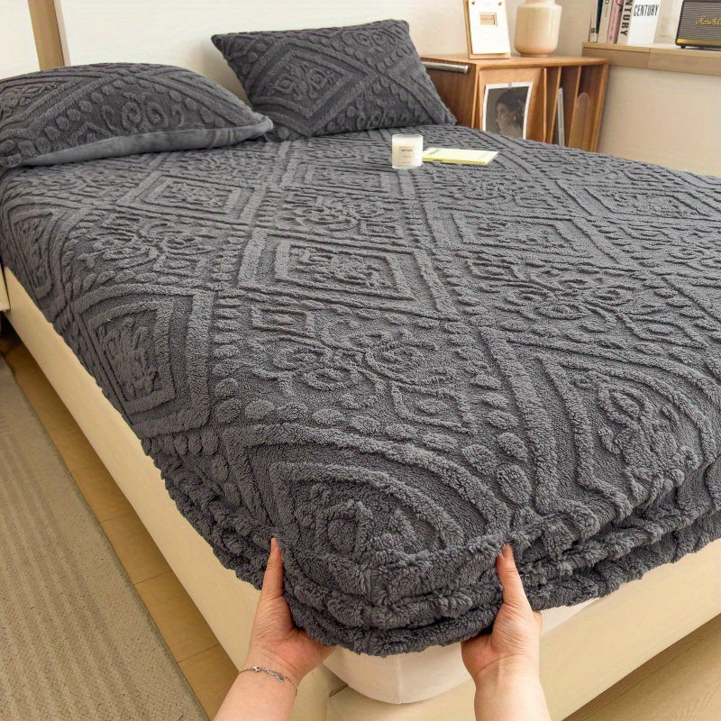 Fitted Sheet Twin Full Queen King Plush Embossed Texture, Thick Warm Mattress Protector for Autumn Winter Bedding, Soft Washable Bed Sheet European Design in Gray Blue Coffee Off White Deep Gray