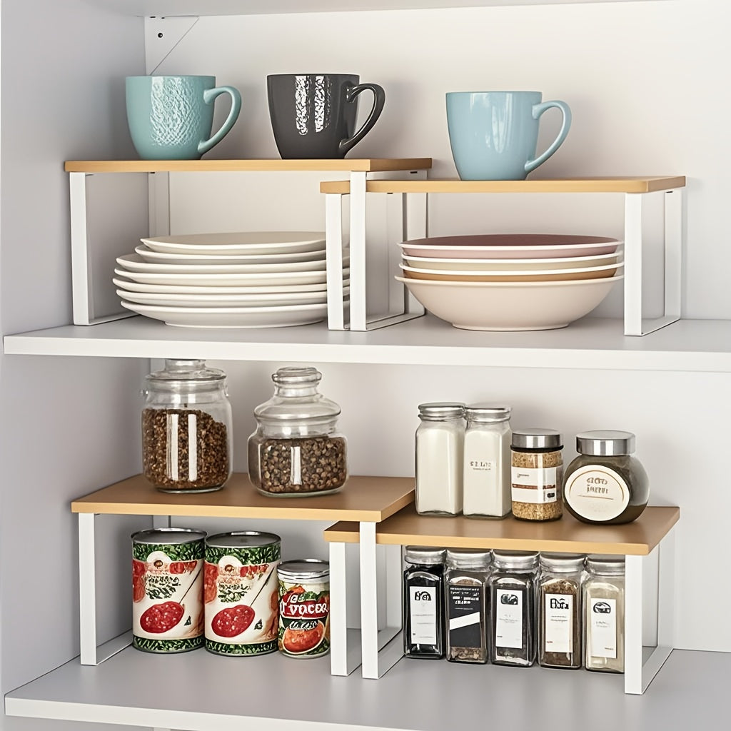 Adjustable Stackable Shelf Organizer Set of 2 – Wooden Cabinet Storage Rack for Kitchen Counter, Spice, Pantry, Bathroom & Under Sink, Space-Saving Home Organization