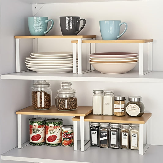 Adjustable Stackable Shelf Organizer Set of 2 – Wooden Cabinet Storage Rack for Kitchen Counter, Spice, Pantry, Bathroom & Under Sink, Space-Saving Home Organization