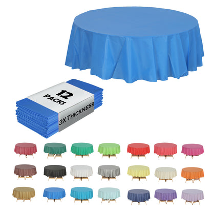 Disposable Plastic Tablecloth 12-Pack – Heavy Duty Table Cover for Parties, 84" Round & 54"x108" Rectangle, 22 Colors for Kitchen Dining Outdoor Events