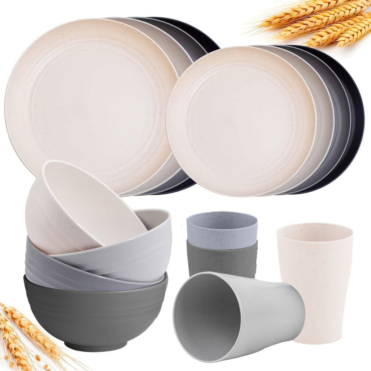 Wheat Straw Dish Set for 4 or 8 – 16 or 32 Piece Unbreakable Dinnerware Set with Dinner Plate, Dessert Plate, Cereal Bowl & Cup, Dishwasher Safe Lightweight Tableware for Camping, Everyday Use & Gifts