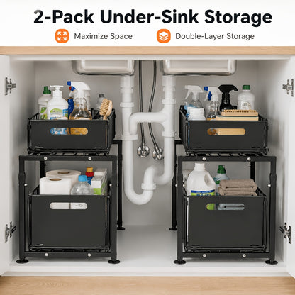Under Sink Organizer 2-Tier Pull Out Cabinet Shelf with Adjustable Height, Sturdy Carbon Steel Under Sink Storage Rack for Kitchen Bathroom Pantry Cabinet Organization, Space Saving Sliding Drawer