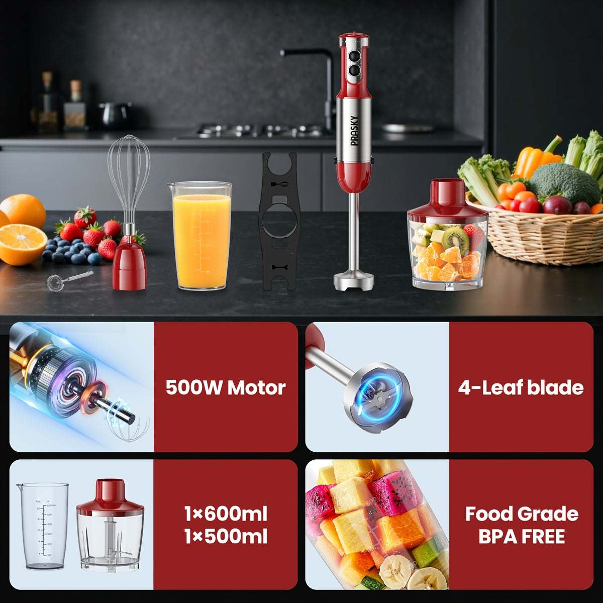 5-in-1 Handheld Immersion Blender Mixer Heavy Duty – Electric Hand Mixer with Whisk Meat Chopper Measuring Cups Attachments for Kitchen Cooking Baking Blending Soups Smoothies Black Red