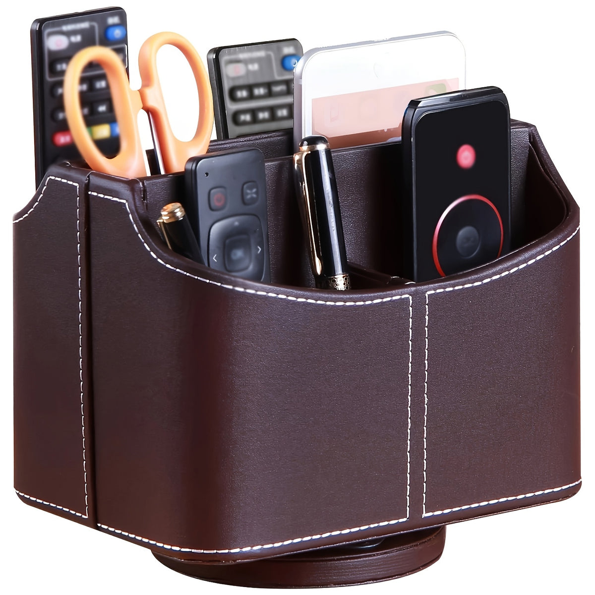 360° Swivel Remote Control Holder 5 Compartments PU Leather Desktop Organizer Caddy - Multifunctional Storage Box for TV Remotes Phones Glasses Cosmetics Stationery - Home Office Decor