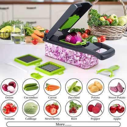Vegetable Chopper 16-in-1 with 8 Blades & Container – Professional Onion Dicer & Multifunctional Food Slicer for Effortless Kitchen Prep, Dishwasher-Safe, Time-Saving Meal Prep Tool
