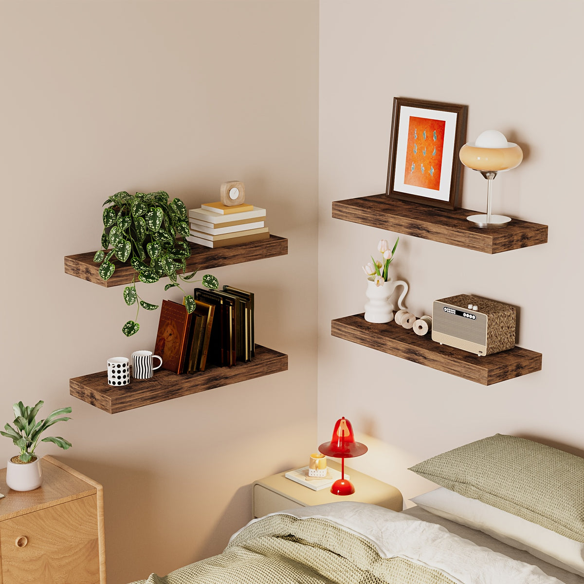 Rustic Floating Shelves 15.8 Inch 4 or 8 Pack – Wall Mounted Wood Shelf with Invisible Brackets for Home Decor Living Room Bedroom Bathroom Kitchen Brown Black White Gray