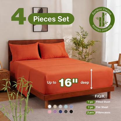 Bamboo Bed Sheet Set 4 Piece - 2000TC Cooling Sheets Deep Pocket 16 Inch, Luxury Soft Hotel Quality Fitted Sheet Flat Sheet Pillowcases, Wrinkle Shrink Resistant, Twin Full Queen King