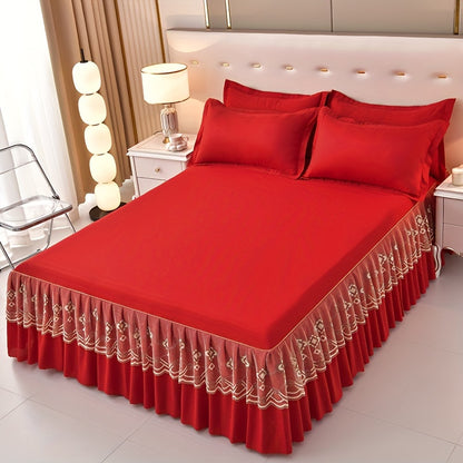 Macrame Bed Skirt Set 3 Piece with Pillowcases – Double Layer Lace Non-Slip Bedding for Twin Full Queen King, All Seasons, Red Grey Navy Purple