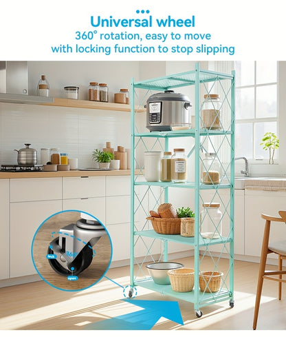Portable Storage Rack with Lockable Wheels, 3 or 4 Tier Foldable Shelving Unit, Carbon Steel Floor Standing Shelf for Bedroom Bathroom Balcony Garden, No Assembly Required, Space Saving Rolling Organizer
