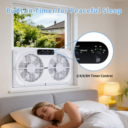 Twin Window Fan with 9-Inch Blades 2-Speed Settings, Dual Window Fan Expandable Width Manual Control for Bedroom Living Room Home Office, Reversible Airflow Window Cooling Fan