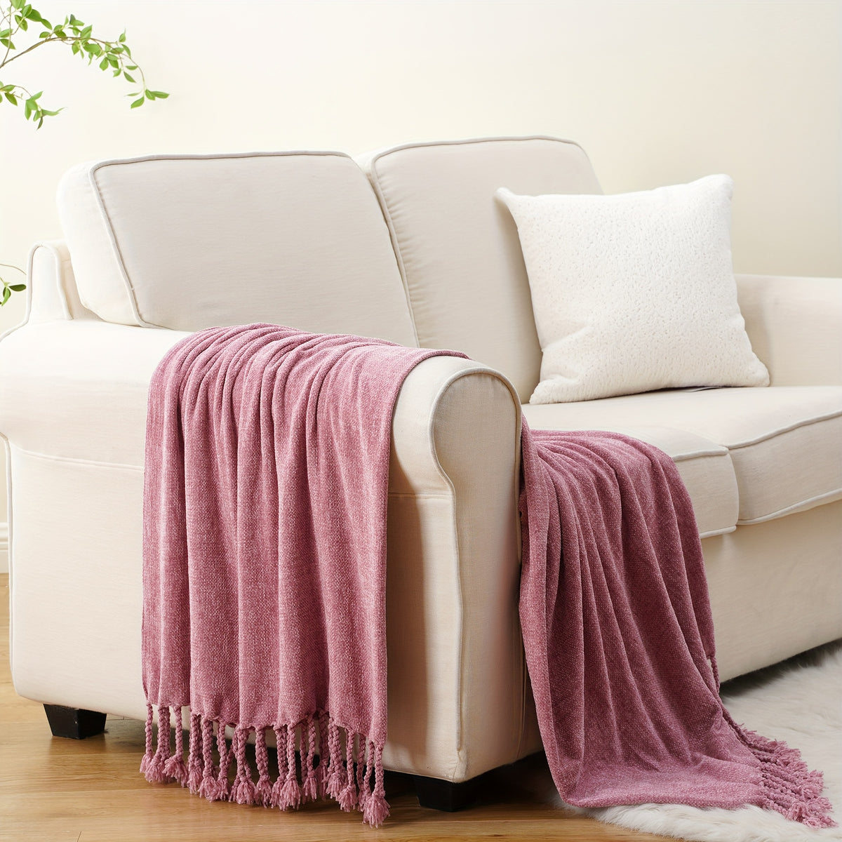 Boho Chenille Throw Blanket with Fringe 50x60 Inch – Soft Velvety Decorative Fringe Throw for Sofa Couch Bed Living Room Home Decor 17 Colors Cozy Gift for Women
