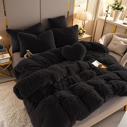 Fluffy Duvet Cover Set 4 Piece Queen King, Soft Plush Comforter Cover with 2 Pillow Shams All Season Cozy Bedding Set No Insert, in Purple Red Pink Gray Yellow Blue Beige Black