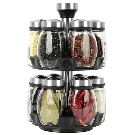 Glass Spice Jar Set with Rotating Stainless Steel Rack – 6 or 12 Piece Food Grade Glass Spice Bottles with 360° Spinning Rack for Kitchen Counter & Cabinet, Pantry Organization