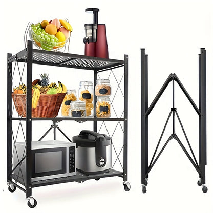 3-Tier Rolling Storage Rack with Wheels | Heavy-Duty Foldable Shelving Unit for Garage & Kitchen | Black Iron Utility Cart, Multi-Purpose Organization