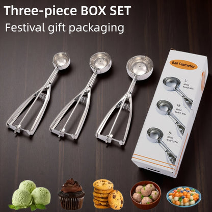 3pcs Stainless Steel Ice Cream Scoop Set Triggered Cookie Scoop Fruit Watermelon Scoop 1/2/3 Tbsp, Dishwasher Safe Baking Tools for DIY Ice Cream Cookie Dough Dessert Restaurants