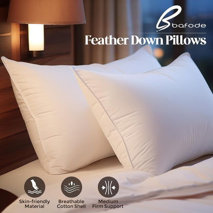 Goose Down Feather Bed Pillows Set of 2 – Luxury Hotel Quality, 100% Soft Cotton Shell, Machine Washable, Standard/Queen/King Size for Back, Stomach & Side Sleepers