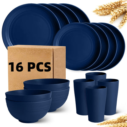 Wheat Straw Dish Set for 4 or 8 – 16 or 32 Piece Unbreakable Dinnerware Set with Dinner Plate, Dessert Plate, Cereal Bowl & Cup, Dishwasher Safe Lightweight Tableware for Camping, Everyday Use & Gifts