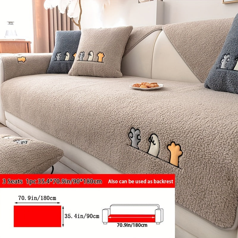 Sofa Cover Plush Shearling Non-Slip Pet-Friendly – Thick Couch Protector with Animal Bone Embroidery for 2 3 4 Seater, Soft Warm Slipcover for Living Room Bedroom Office in Dark Gray Off White Coffee Black