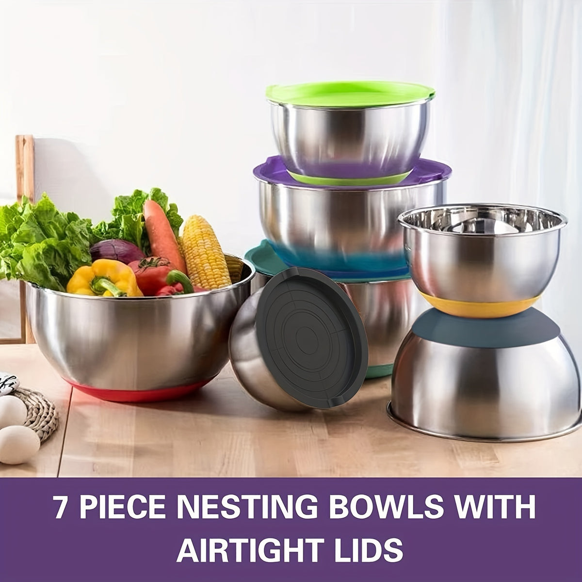 Mixing Bowls Set 20 Piece Stainless Steel with Airtight Lids & Non-Slip Silicone Bottom - 7 Sizes 0.67QT to 7QT for Baking Cooking Serving, Dishwasher Safe, Multicolored Black Gray Khaki