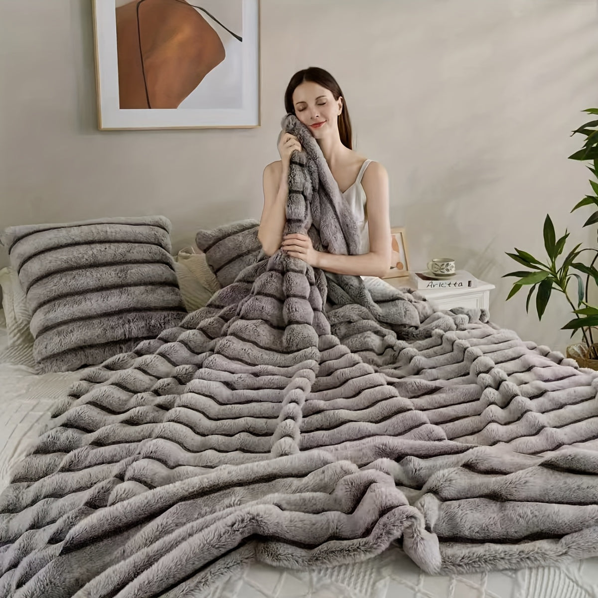 Faux Rabbit Fleece Blanket, Double Layer Thickened Soft Warm Throw – All Season Reversible Blanket for Adults, Couch, Bed & Travel, Machine Washable, Throw / Twin XL / Queen / King, Grey Khaki Beige