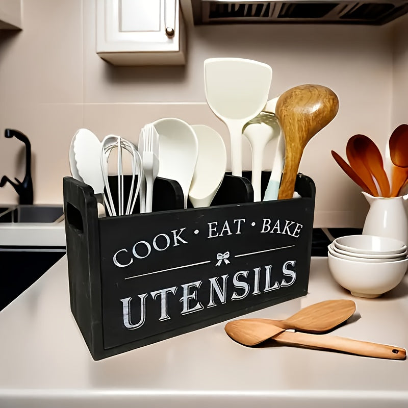 Rustic Wooden Kitchen Utensil Holder 3-Compartment Countertop or Wall Mount Organizer - Wood Utensil Caddy for Cooking Dining Baking Tools Spatulas Spoons Knives Black White
