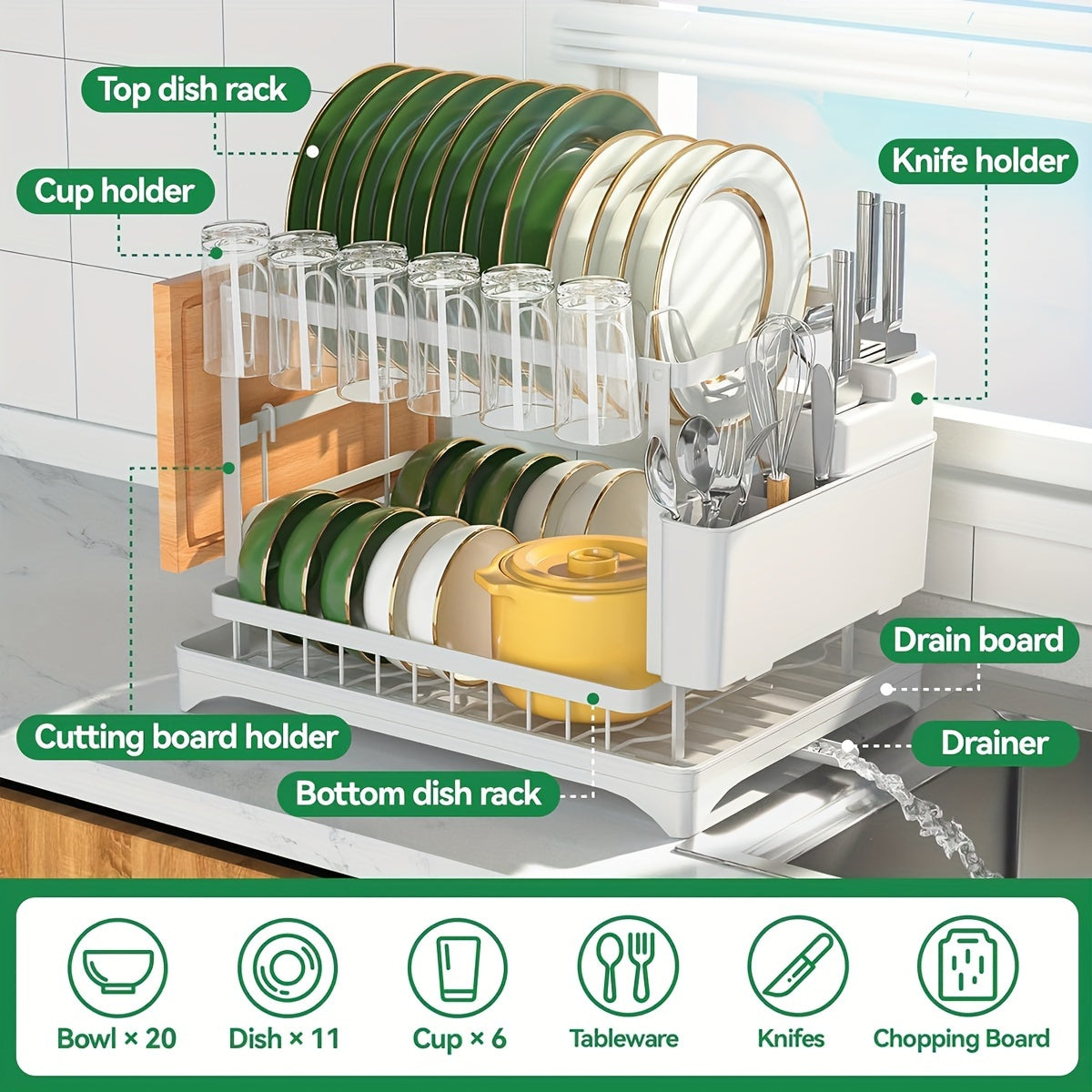 2 Tier Dish Drying Rack with Drainboard – Metal Kitchen Counter Dish Drainer Rack with Drain Tray, Large Capacity Drying Rack for Dishes Cups Utensils, Black White Gray