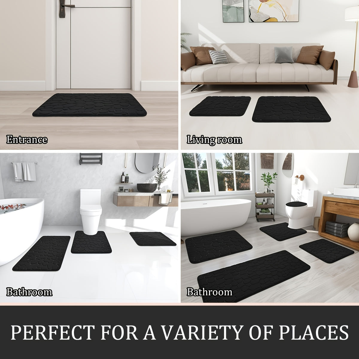 Memory Foam Bathroom Rug Set 5-Piece - Plush Non-Slip Super Absorbent Bath Mats for Sink Bathtub Shower Toilet, Machine Washable Quick-Dry Luxury Soft Sponge Bath Rug Set Black Gray Pink Khaki