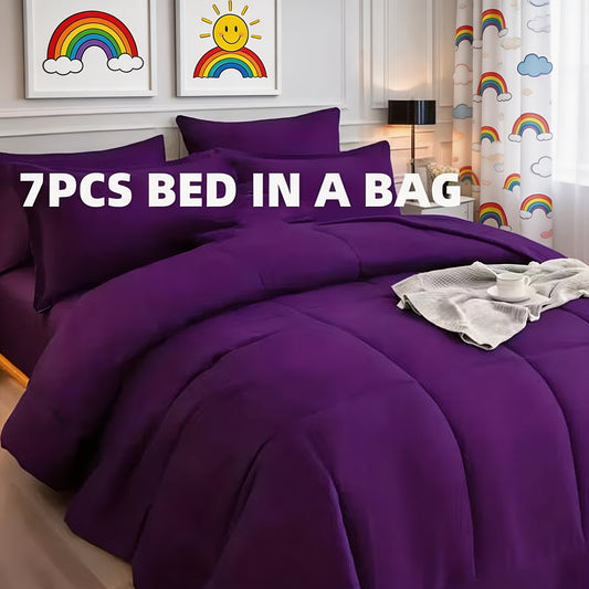 Comforter Sets Queen King Full 7 Piece Bed in a Bag – Soft Satin-Like Fabric, Breathable Quilt Set with Fitted Sheet, Flat Sheet & 4 Pillowcases, Multiple Colors for Bedroom Hotel School
