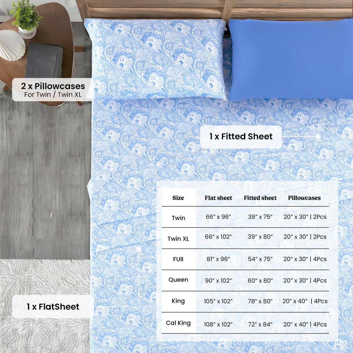Deep Pocket Fitted Sheet Set 4-Piece Microfiber Soft Brushed Polyester Wrinkle Free Bed Sheets 10 Colors Twin Full Queen King California King