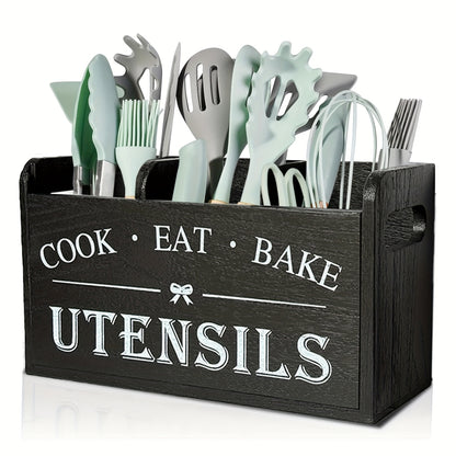 Rustic Wooden Kitchen Utensil Organizer with 3 Compartments – Countertop or Wall Mount Utensil Holder with Handle for Cooking, Dining & Baking Tools, White & Black Kitchen Storage