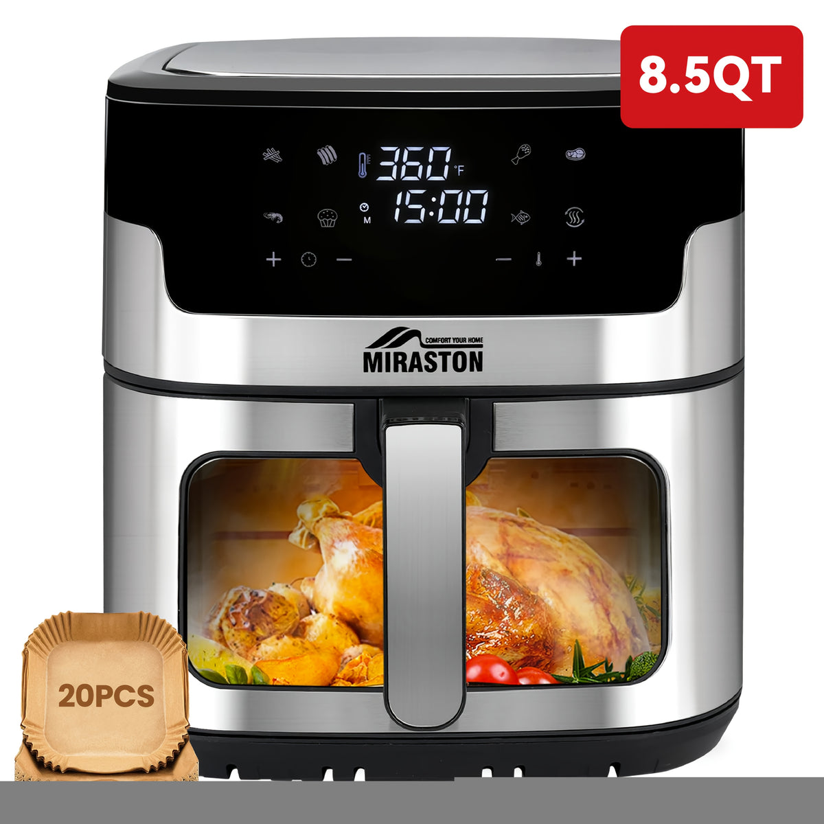 Air Fryer 8.5QT & 3.6QT Touchscreen 8-in-1 – Digital Display, 8 Presets, Air Fry Bake Roast Broil, Stainless Steel Basket, 1500W, 120V, Black