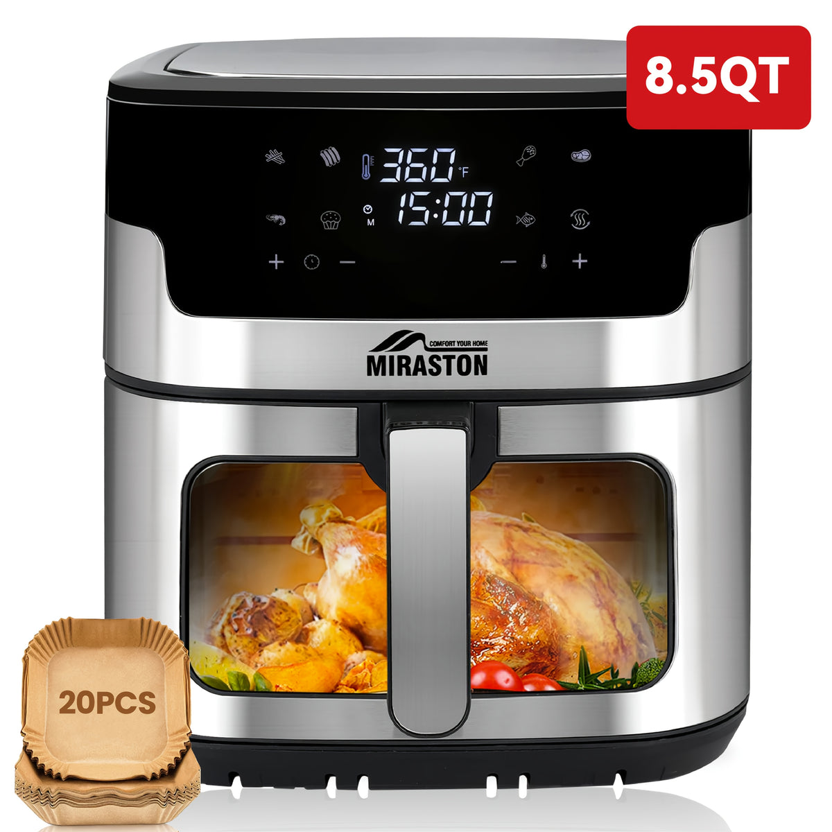Air Fryer 8.5QT & 3.6QT Touchscreen 8-in-1 – Digital Display, 8 Presets, Air Fry Bake Roast Broil, Stainless Steel Basket, 1500W, 120V, Black