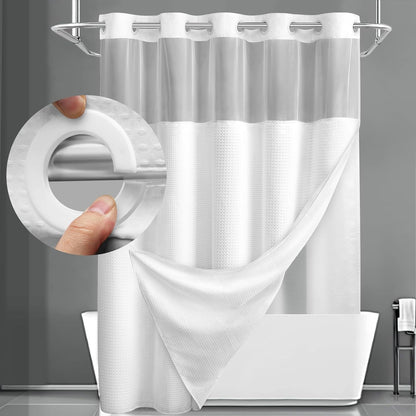 Hookless Shower Curtain with Snap Liner – Waffle Texture Double Layer Panels, No Hooks Required, Hand Washable Curtain & Liner Set for Home Hotel Bathroom, 74x71 Inch, Grey White Black Matcha