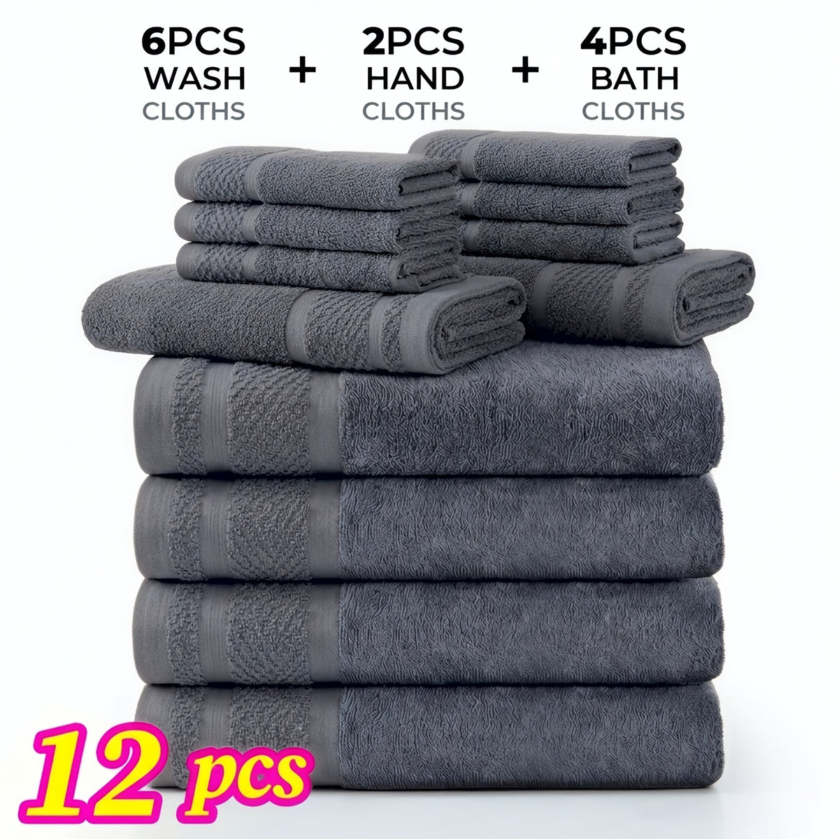 Bath Towel Set 12 or 24 Piece Hotel Quality Cotton Highly Absorbent Quick Dry – Bath Towels Hand Towels Washcloths for Hotel Spa Gym Home Bathroom Dark Gray White Orange Blue Purple Navy