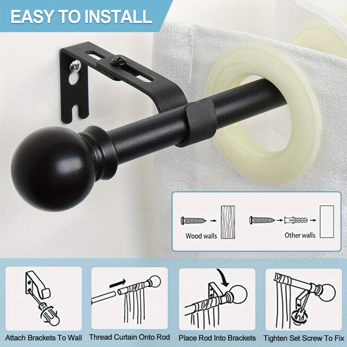 Curtain Rods 2 Pack Matte Black Adjustable 28-95 Inch 5/8 Inch Diameter Extra Long Window Curtain Rod for Living Room Bedroom Bathroom Kitchen