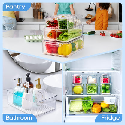 Fridge Organizer Bins with Lids 14 Pack Stackable Clear Refrigerator Storage Containers for Fruit Vegetable Food Drinks Cereals Kitchen Pantry Organization