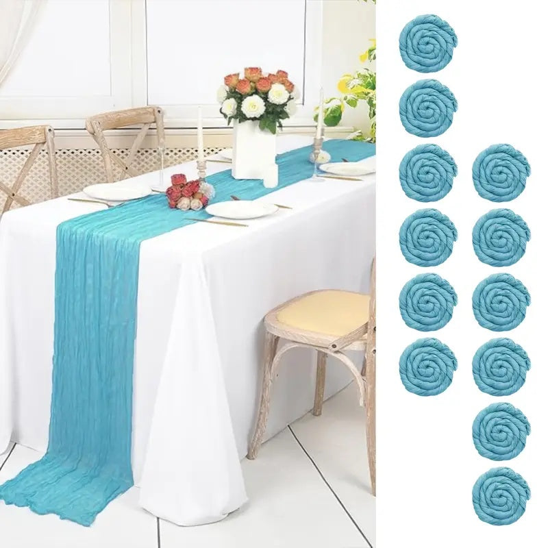 Cheesecloth Table Runner 10ft, Set of 12 Boho Gauze Table Runners 21.3x120 Inch – Rustic Romantic Bulk Cheese Cloth Roll for Wedding, Bridal Shower, Birthday Party & Dining Table Decor, 16 Colors